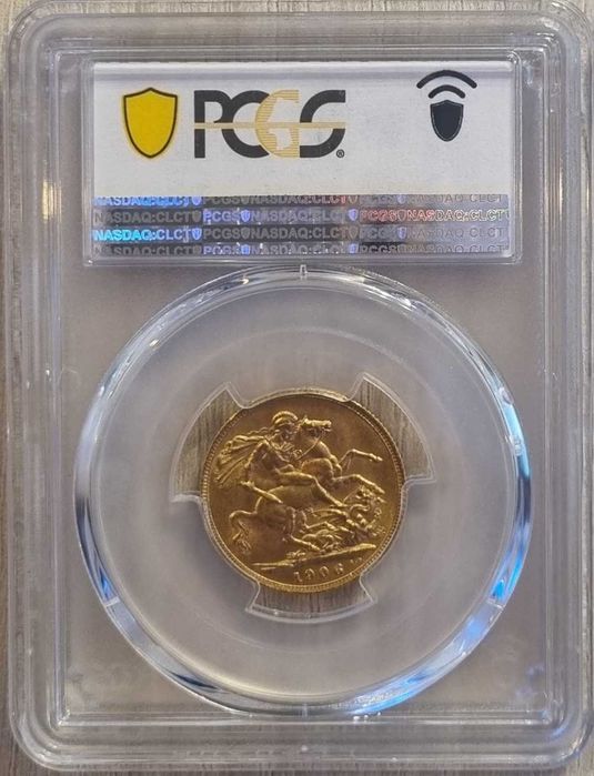 Moneda aur Sovereign Anglia 1906 Edward VII gradata PCGS MS 62