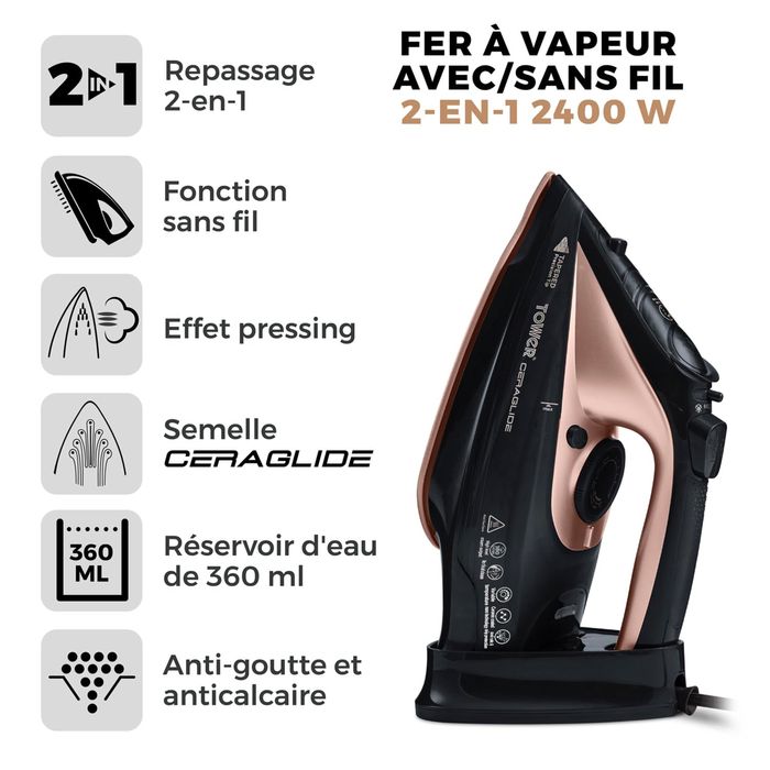 Fier de călcat cu abur fără fir Tower CeraGlide T22008RG Tower