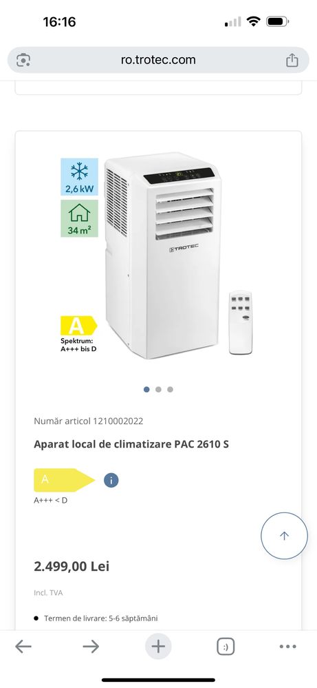 Aparat aer conditionat Trotec PAC 2610 S in garantie + kit fereastra