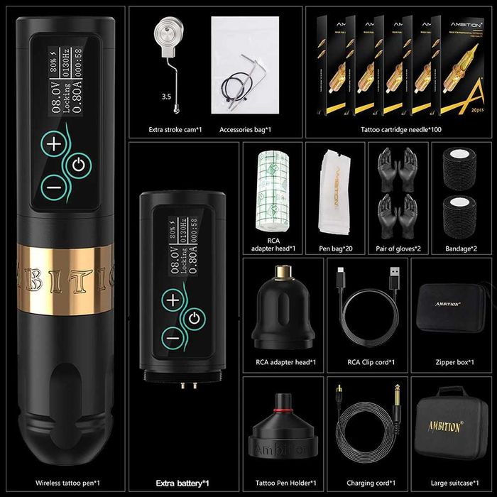 Super Kit Ambition Vibe, aparat de tatuat, 2 baterii, 80 cartuse.. etc