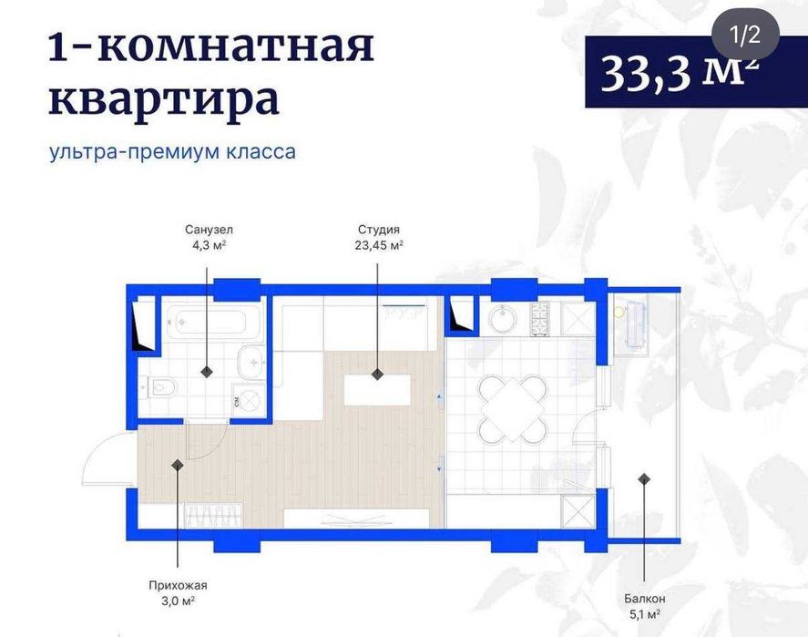 Imperial Klub city! Ц 2 1/8/13 каробка с кадастром, 33 кв. (НБ)