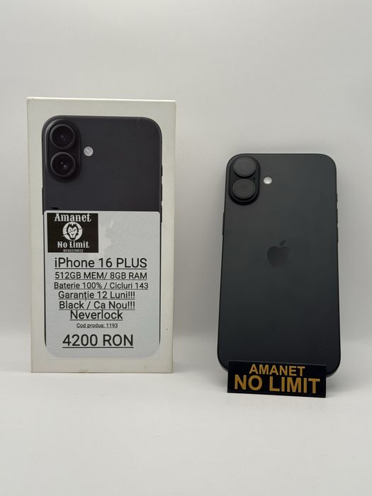 iPhone 16 Plus Black 512GB Baterie 100% Cicluri 141 , Garantie 12 Luni
