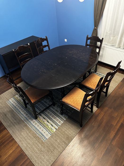 Masa antica din lemn masiv cu 6 scaune