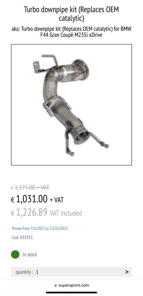 Vand intermediara + downpipe Supersprint Pentru bmw f40/f44