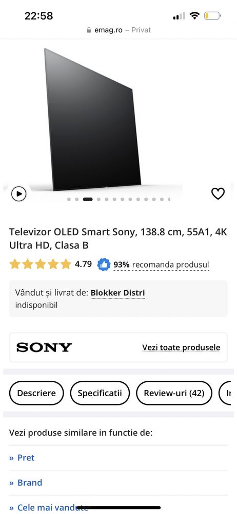 Televizor OLED Smart Sony diagonala 138,8 cm 4K Ultra HD