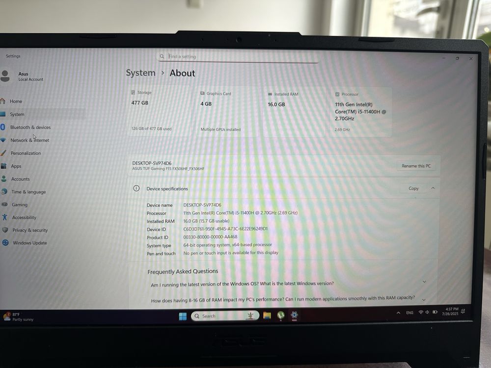 ASUS TUF GAMING FX506H – Intel i5 + RTX 2050