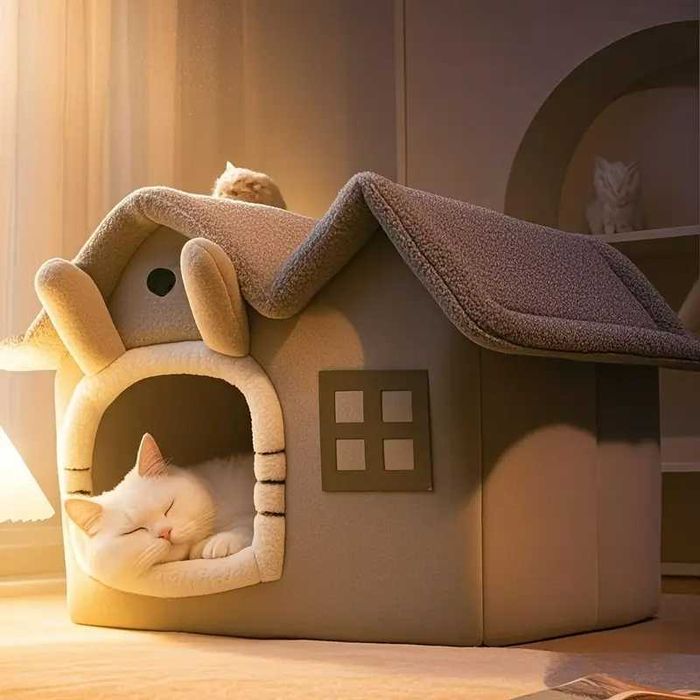 Уютна и топла къщичка за кучета, котки и други животни, сива къща