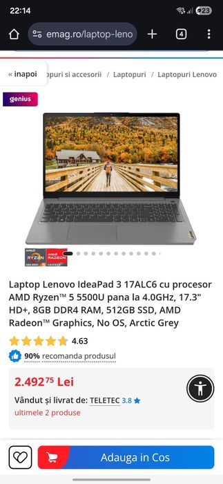 Lenovo ideapad 3 17ALC6, 17,3", AMD RYZEN 5 5500U,8 gb,512 gb,ca nou
