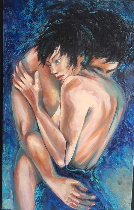 Pictura, tablou mare ulei, nou, -BLUE LOVE-, pictor roman consacrat
