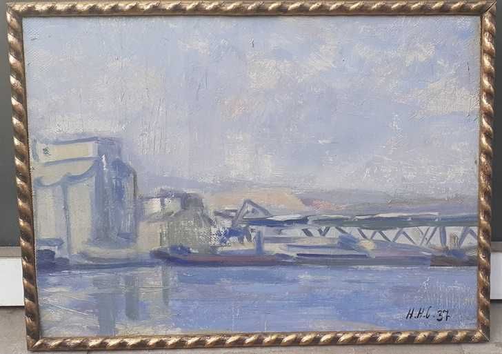 Tablou vechi - peisaj cu barci semnat H. H. C. 37