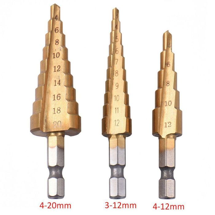 Burghie din titan conice in trepte 3-12mm, 4-12mm, 4-20mm. Nou!