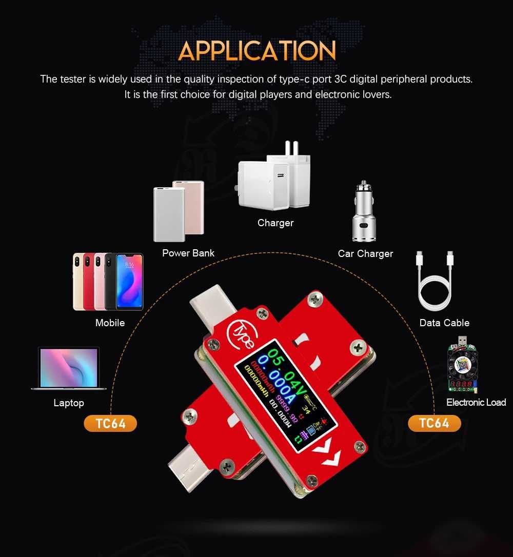 USB Tester TC64 Type-C Color LCD Voltmeter Meter Multimeter тестер