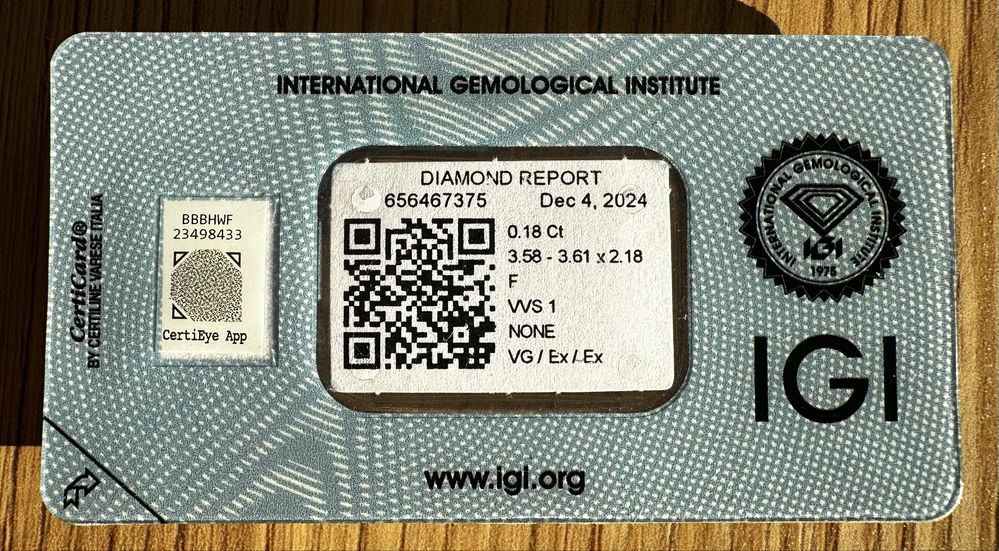 Diamant Natural Certificat IGI 0,18 ct Culoare F Claritate VVS1 Vg/2Ex