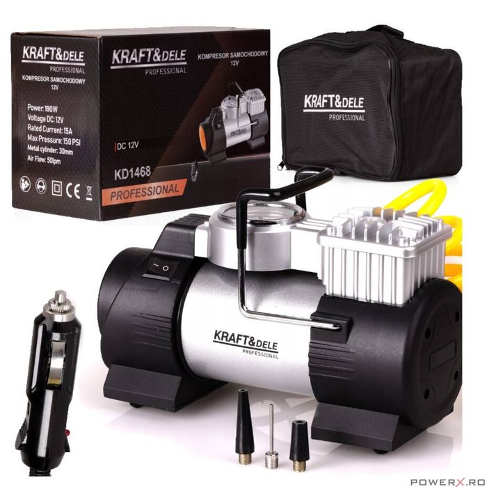 Compresor auto portabil, 12 V, 190 W, 15A, 150PSI, Kraft