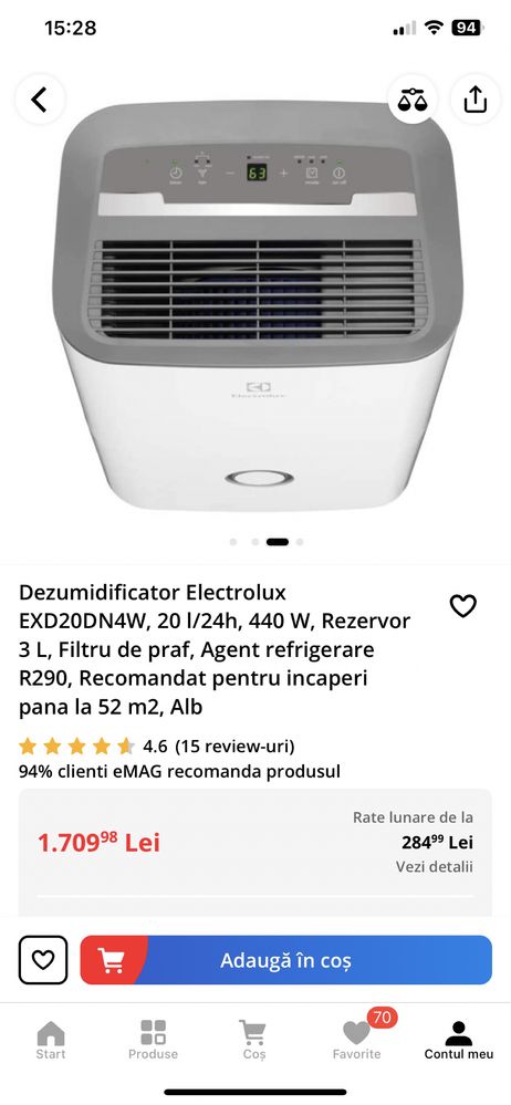 Dezumidificator Electrolux EXD20DN4W, 20 l/24h