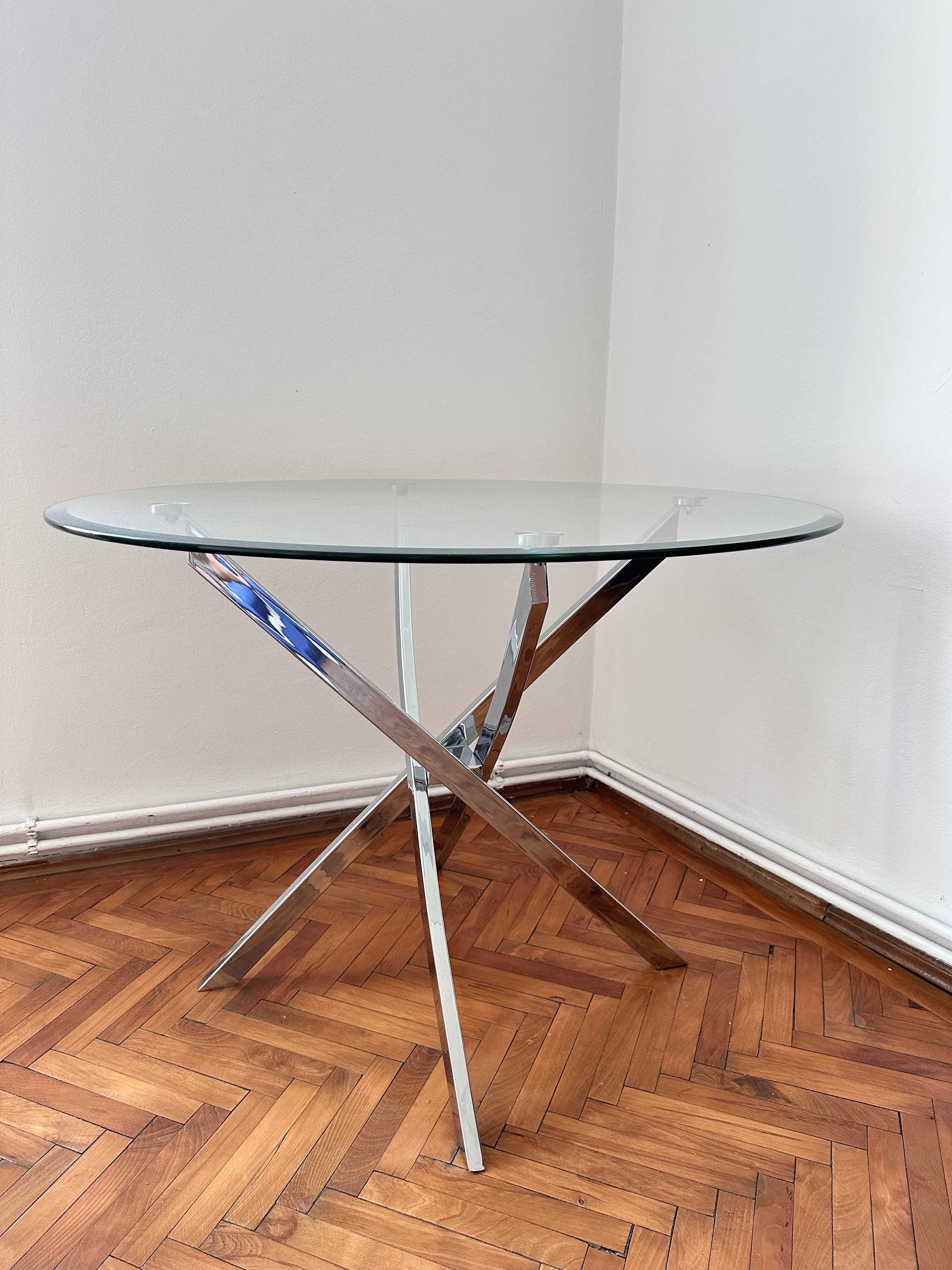 Masa rotunda, blat sticla, picioare crom, diametru 99.5 cm