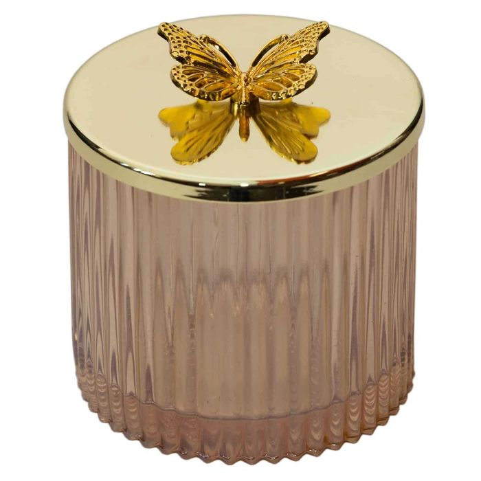 Буркан за свещ с капак „Пеперуда“ – релефно стъкло, 2 цвята