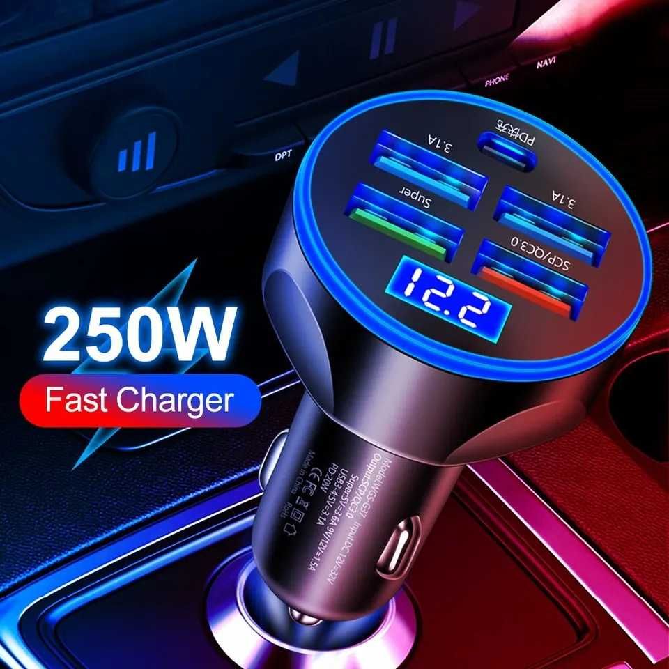 Bricheta auto încărcător 5 porturi: 4USB+1UsbC. Display LED. 250W.