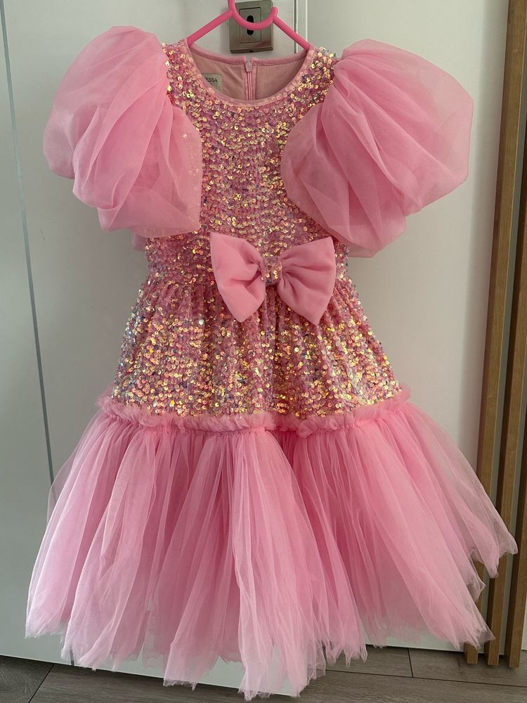 Rochie roz eleganta paiete si volane din tulle pentru fete - Skye