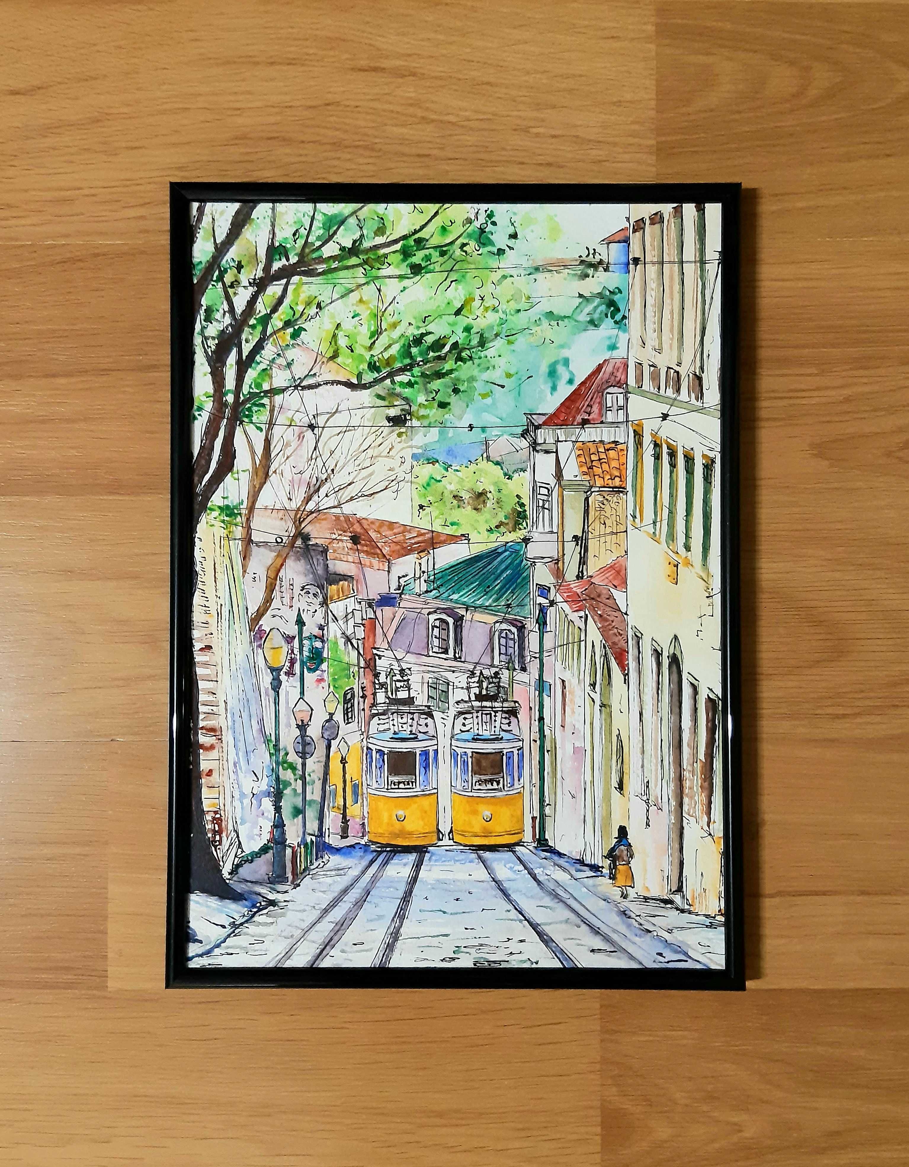 Tablou pictura manuala A4 - peisaj urban citadin Lisabona, Portugalia