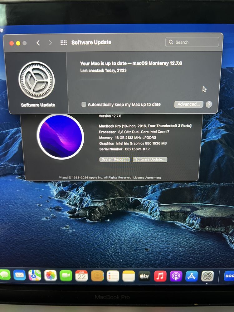Macbook Pro 13 inch, i7 core, 16GB RAM, 512GB SSD