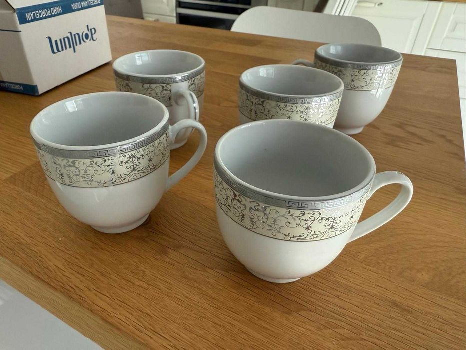 Set din ceramica pentru cafea, 10 piese, model grecesc, albe, insertii