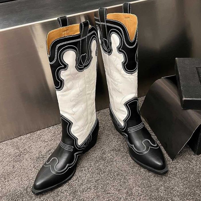 дамски каубойски ботуши остри черни бели черно бели обувки дамски