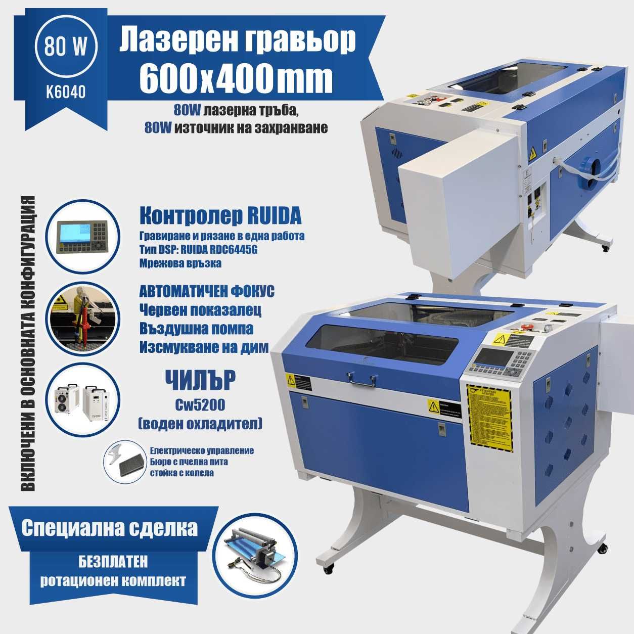 Лазерен гравир k6040 80w - Ruida  - Efr f2 – 80w лазерна тръба
