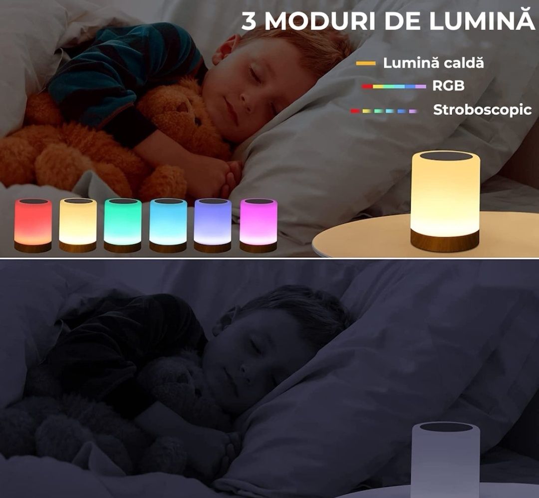 Lampa de veghe ,  control tactil, Incarcabila, LED, RGB 12 culori