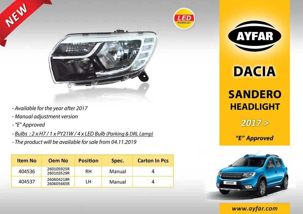 Фар за Дачия Сандеро /Дачия Логан  2017 + Dacia Sandero LOGAN MCV 2017