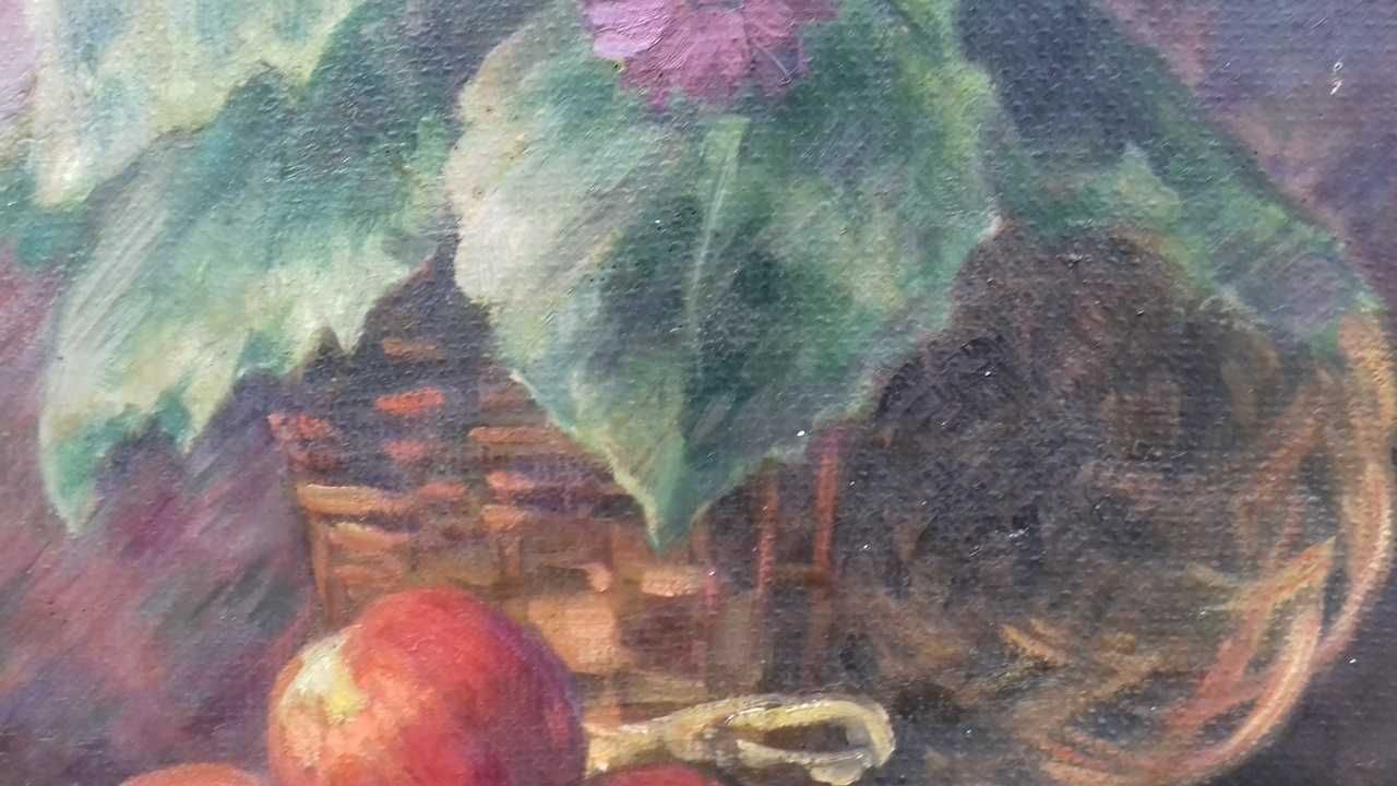 Tablou vechi - Flori si mere - semnat M. Stancescu