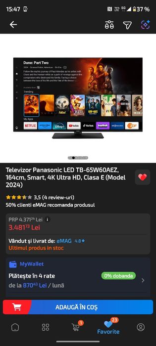 TV PANASONIC 4K, 65W60AEZ, diag. 163 cm, NOU, garanție  2 ani !