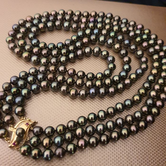 colier triplu perle naturale aur 14k rubine si diamante