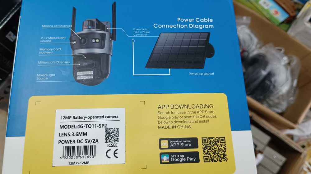 Двойна соларна безжична въртяща камера 4G 12MP iCSee работи с СИМ SIM