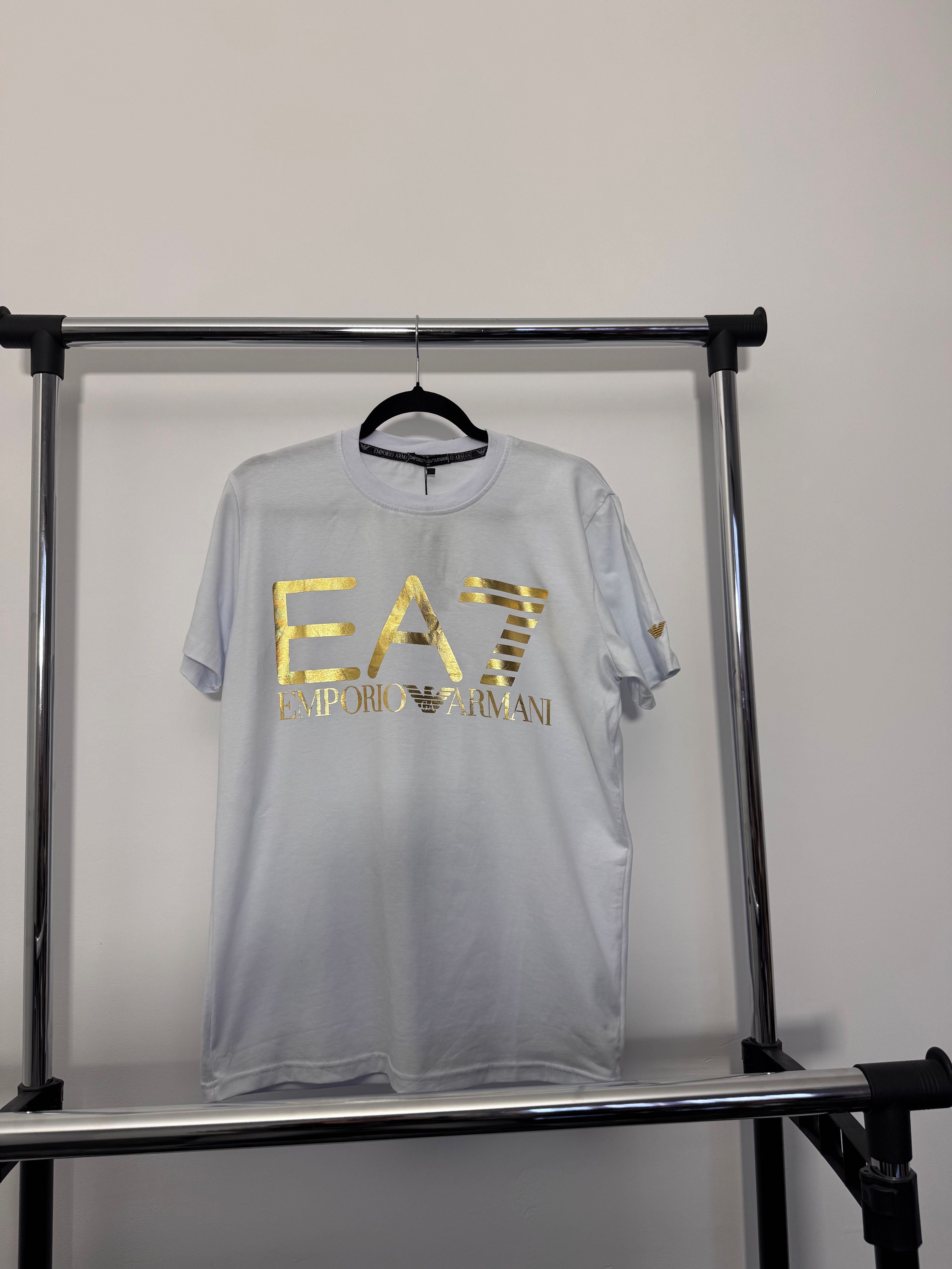 Tricou alb Emporio Armani PREMIUM cu logo auriu