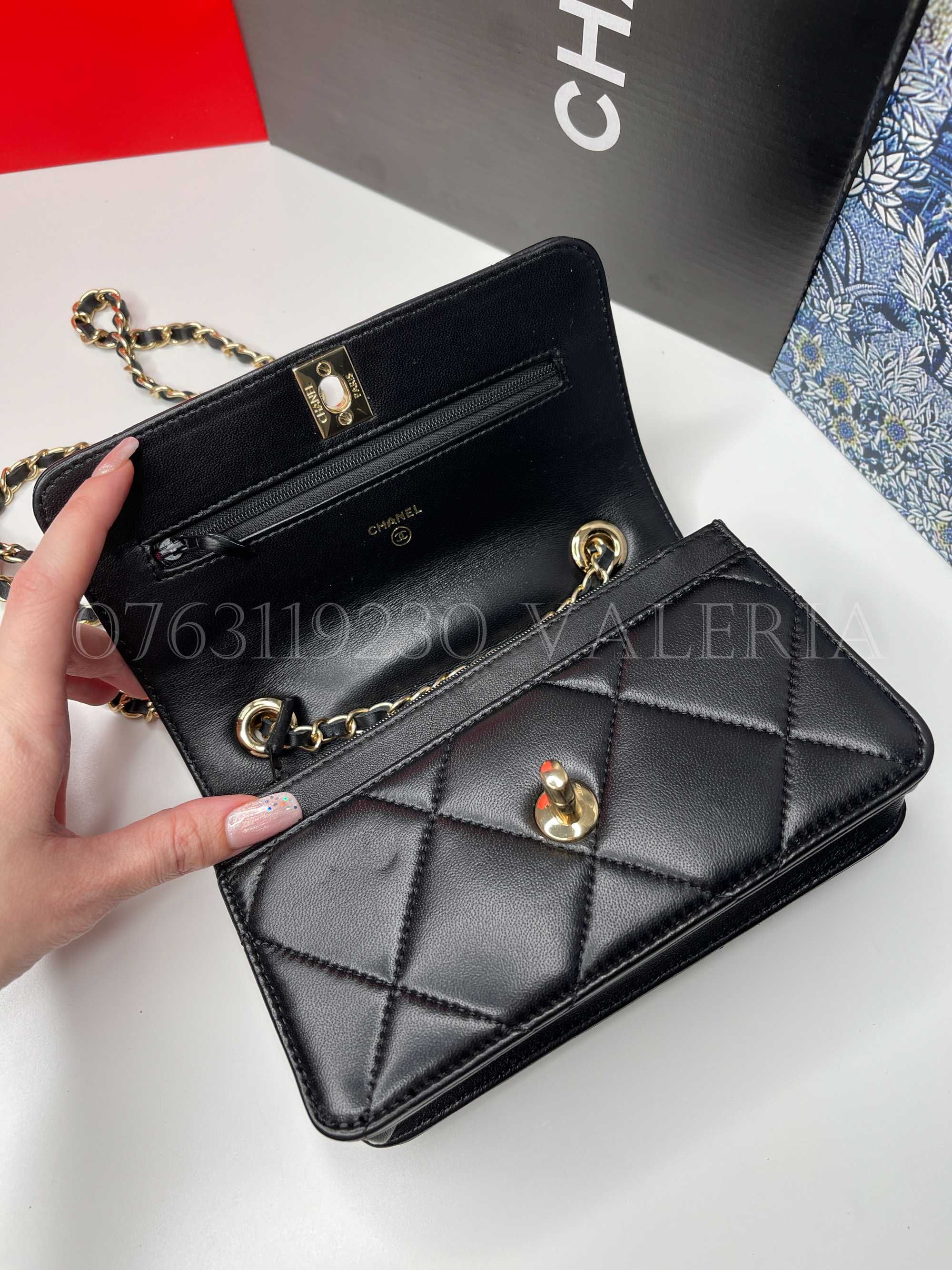Geanta C2n3I - Wallet on Chain Piele/Feronerie aurie