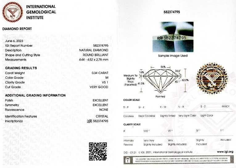 Diamant rotund 0,34 ct.,  M,  VS1, certificare IGI(9906)