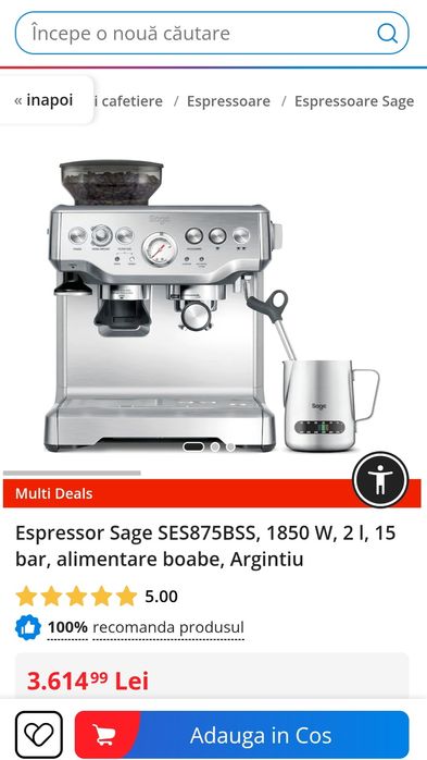 Espressor Sage SES875BSS, 1850 W, 2 l, 15 bar, alimentare boabe, NOU