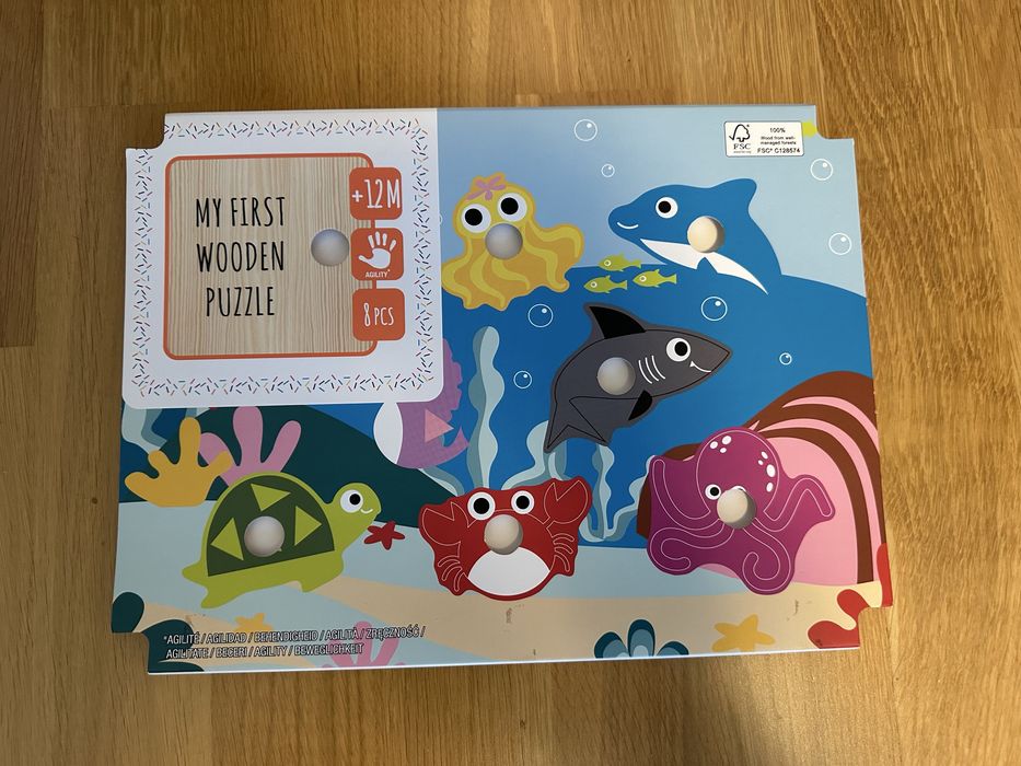 Lot 3 puzzle din lemn cu butoni, Andreu Toys