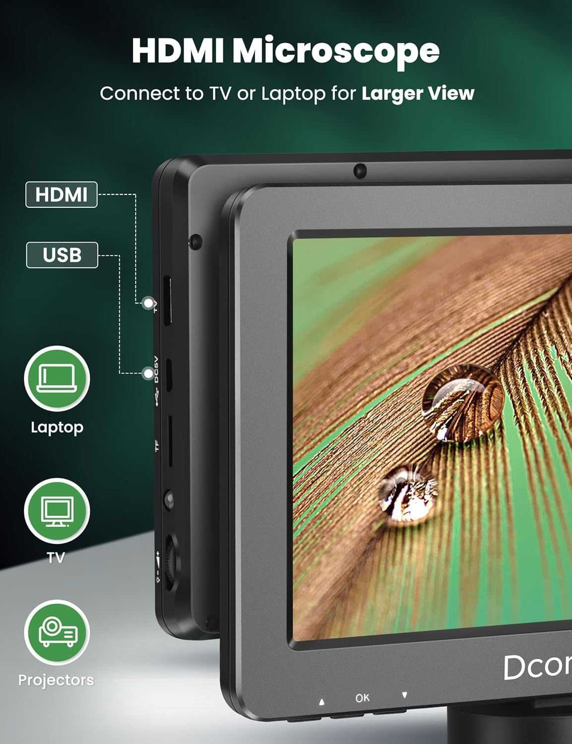 Dcorn HDMI цифров микроскоп 7" 1500X, 16MP 1080P, IPS TF карта 32GB...