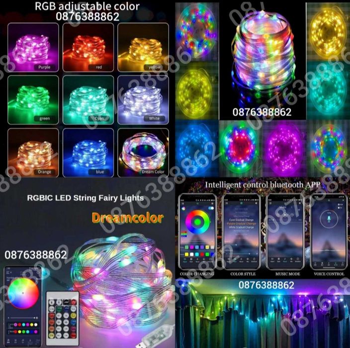 Лед Лампички 10м. за Коледна Елха Декорация  Дистанционно, Блутут, RGB