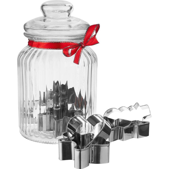 НОВИ! Стъклен буркан за коледни бисквити сладки + 8 броя форми стомана