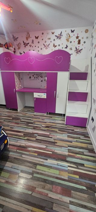 Mobila pt fete / Set mobilier cu pat pentru camera copii mov/alb