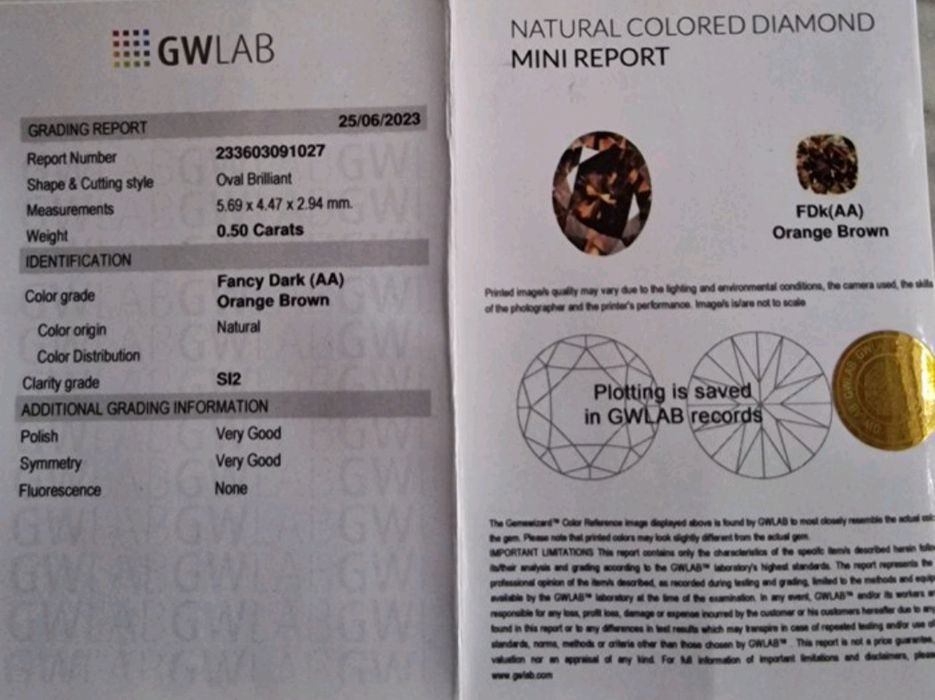 Diamant 0.5 Ct oval Fancy Maroniu Portocaliu închis