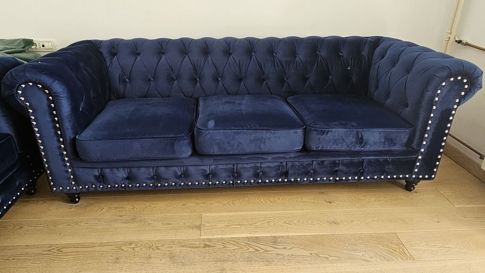 Set canapele Chesterfield, catifea albastră – elegant și confortabil