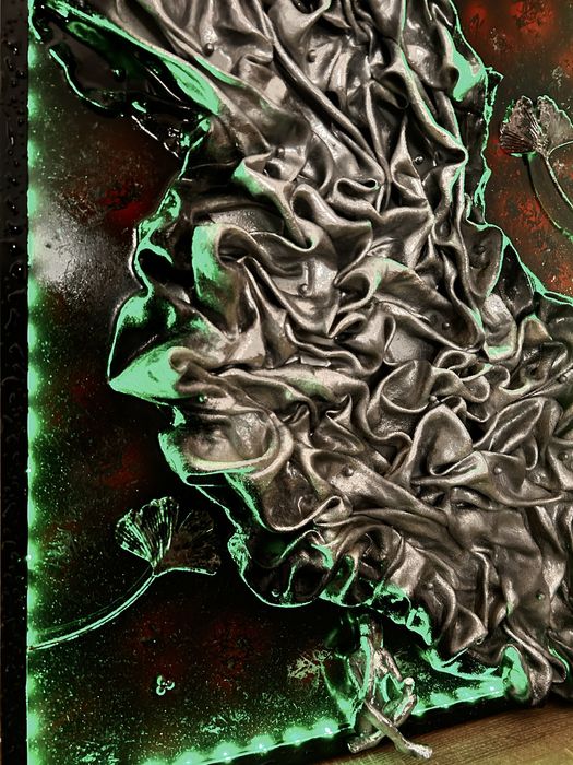 Tablou decorativ unicat - arta abstracta cu texturi metalice si led