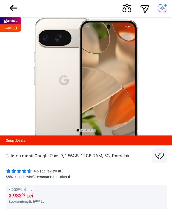 Google Pixel 9 Alb, 256GB, aproape nou - garantie pana in 2027