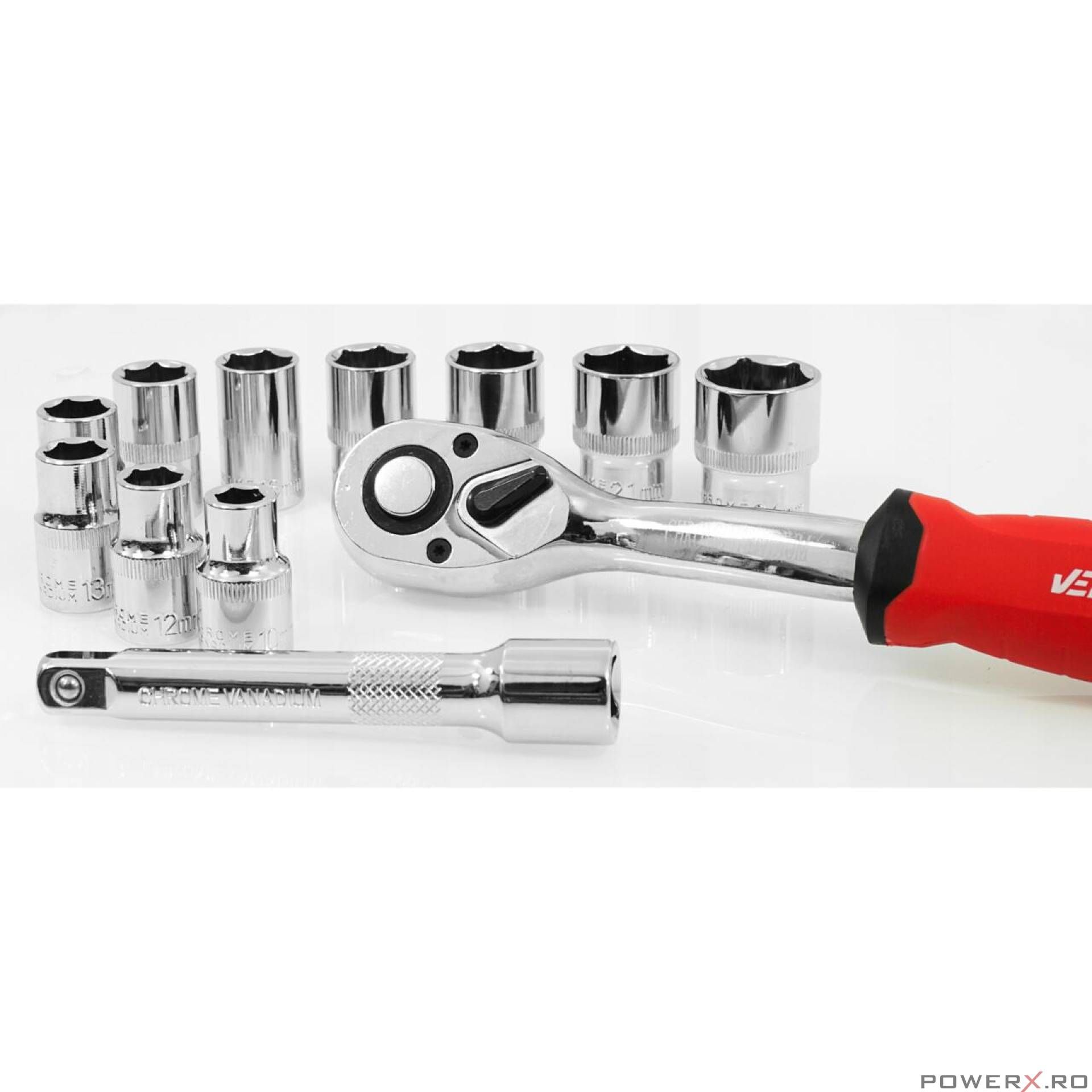 Set chei tubulare din crom-vanadiu, cu clichet, 12 piese,1/2, Verke