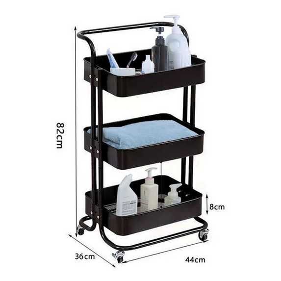 Количка с колелца, Помощен рафт, метална, черна, 3 рафта, 44x36x82см