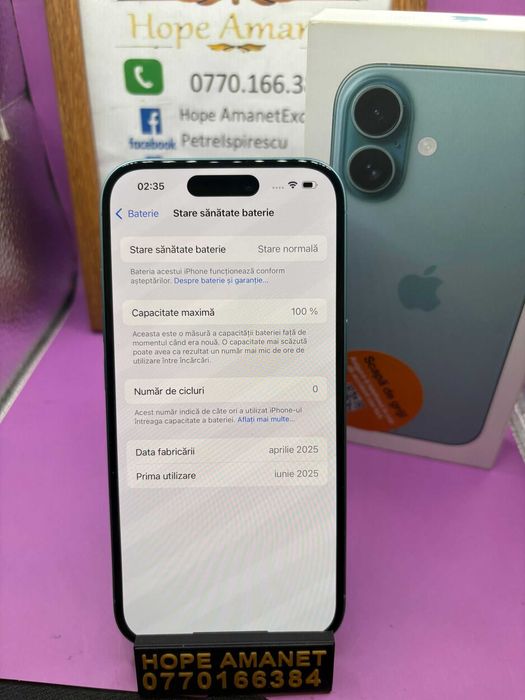 HOPE AMANET P2-Iphone 16 desigilat de proba 128GB/100% BAT